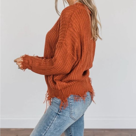 Shredded Sweater - Long Sleeve - V-Neck Lantern Sleeves - Distressed Look - Picture 5 of 11